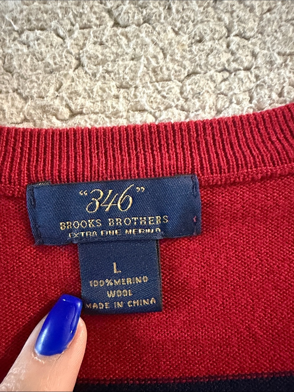 Brooks Brothers Red and Navy Striped V-Neck Sweater 100% Merino Wool Large - Picture 2 of 6